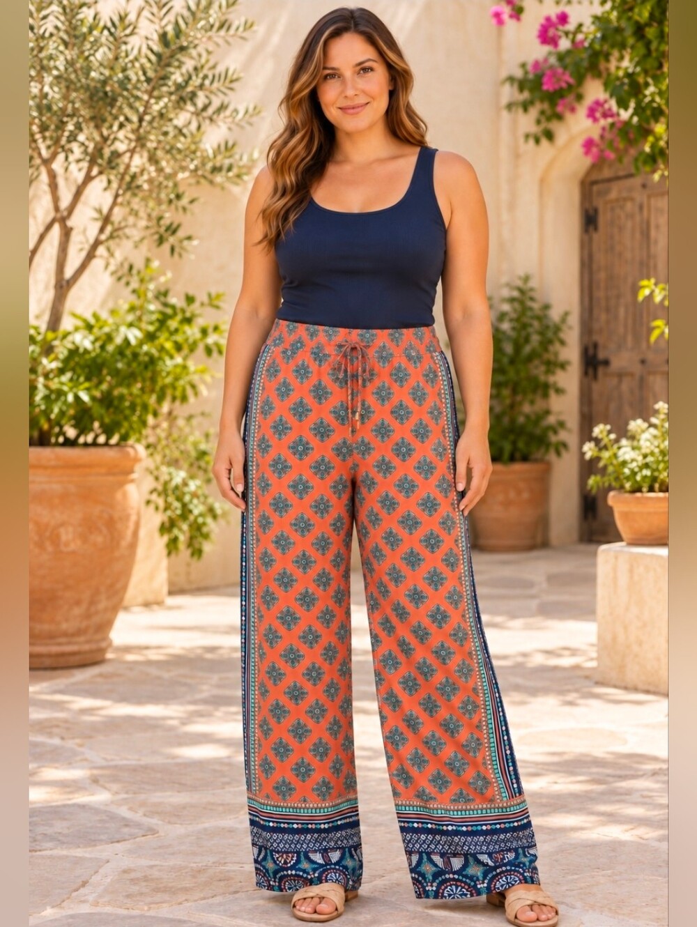 Lucy & Laurel Boho Paisley Palazzo Pants Large 100% Rayon